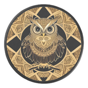 Gold Decorative Owl Mandala Design Hockey Puck