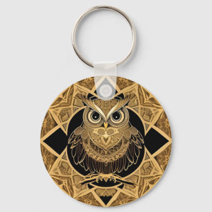 Gold Decorative Owl Mandala Design Key Ring