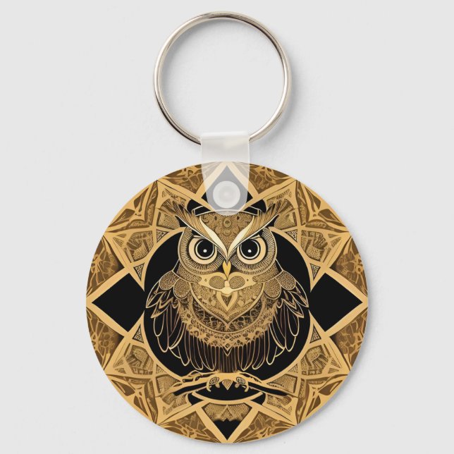 Gold Decorative Owl Mandala Design Key Ring (Front)