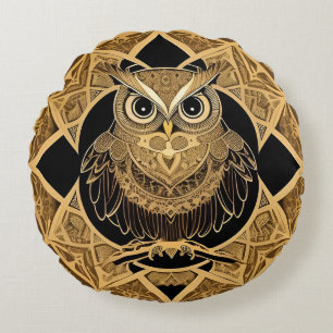 Gold Decorative Owl Mandala Design Round Cushion