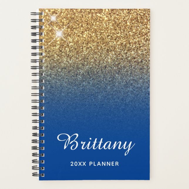 Gold Deep Blue Glitter Ombre Personalised Planner (Front)