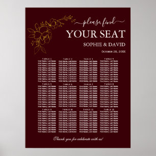 Gold Deep Burgundy 12 Table Seating Chart Wedding