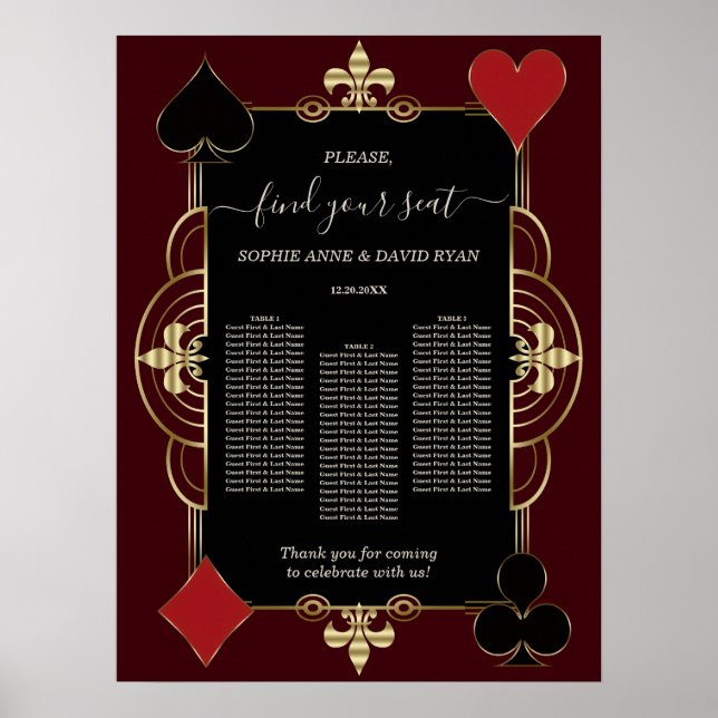 Gold Deep Burgundy Casino Wedding Seating Chart  (Front)