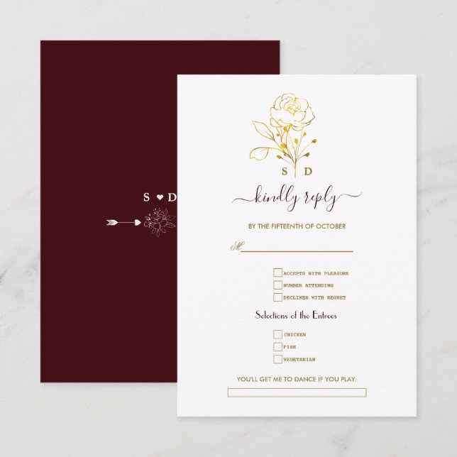 Gold Deep Burgundy Simple Song Request Wedding  RSVP Card (Front/Back)