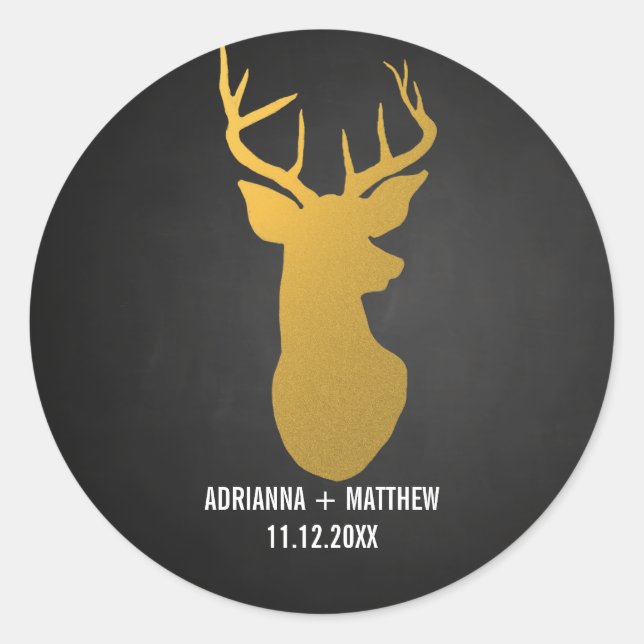 Gold Deer / Antler Chalkboard Wedding Classic Round Sticker (Front)