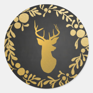 Gold Deer / Antler Chalkboard Wreath Classic Round Sticker