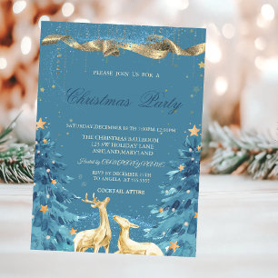Gold Deer, Blue Pine Trees Christmas Company Party Invitation