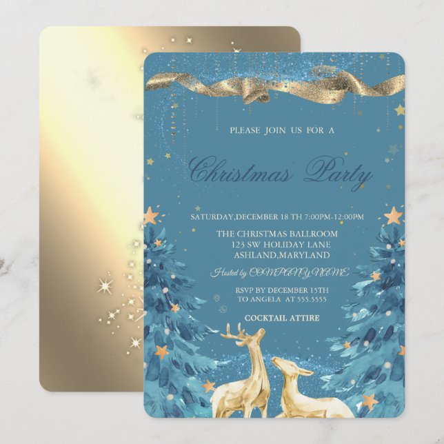 Gold Deer, Blue Pine Trees Christmas Company Party Invitation (Front/Back)