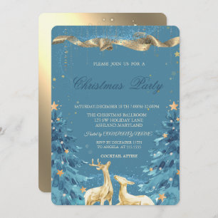 Gold Deer, Blue Pine Trees Christmas Company Party Invitation