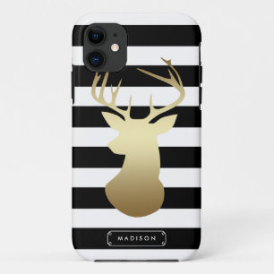 Gold Deer Head Black & White Stripes Personalised iPhone 11 Case