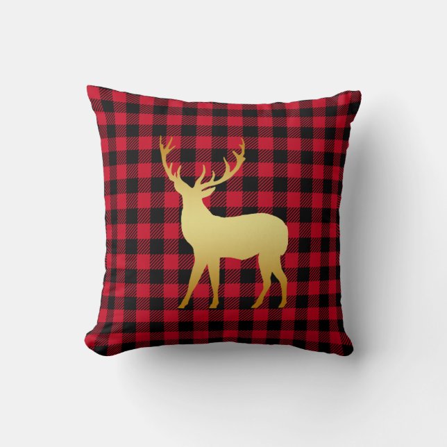 Gold Deer in Red Plaid Rustic Christmas Cushion (Front)
