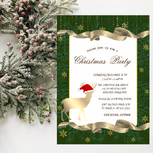 Gold Deer Santa Hat,Branches Green Christmas Party Invitation