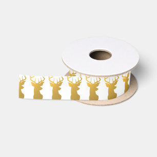 Gold Deer Silhouette Modern Holiday Satin Ribbon