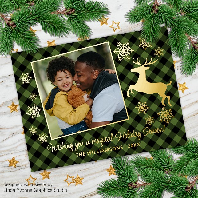 Gold Deer & Snowflakes Green Black Plaid Pattern Foil Holiday Postcard (Creator Uploaded)