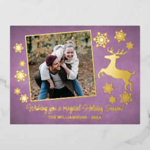 Gold Deer & Snowflakes Pattern On Pink Foil Holiday Postcard