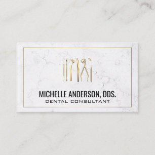 Gold Dental Tools   Marble and Gold Border Business Card