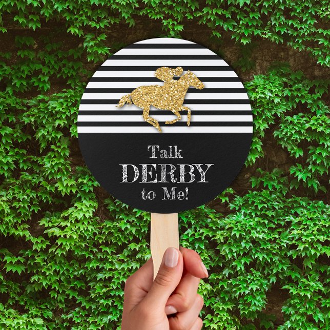 Gold Derby Racehorse Black and White Stripes Hand Fan (Talk Derby to Me gold racehorse on black and white stripes hand fans)