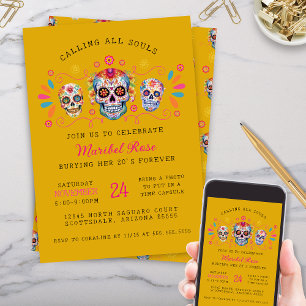 Gold Dia de los Muertos Skull Birthday Party Invitation