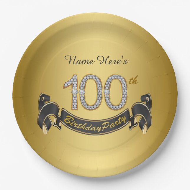 Gold Diamond 100th Birthday Party Paper Plate (Front)