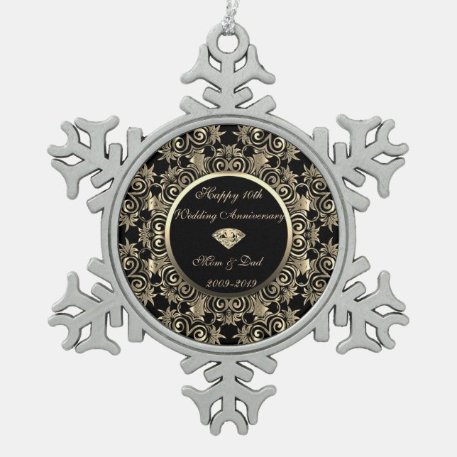 Gold  Diamond 10th Wedding Anniversary Snowflake Pewter Christmas Ornament (Front)