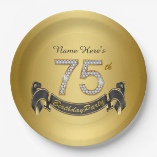 Gold Diamond 75th Birthday Party Paper Plate