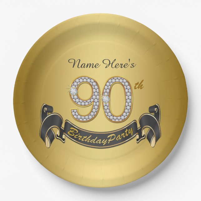 Gold Diamond 90th Birthday Party Paper Plate (Front)