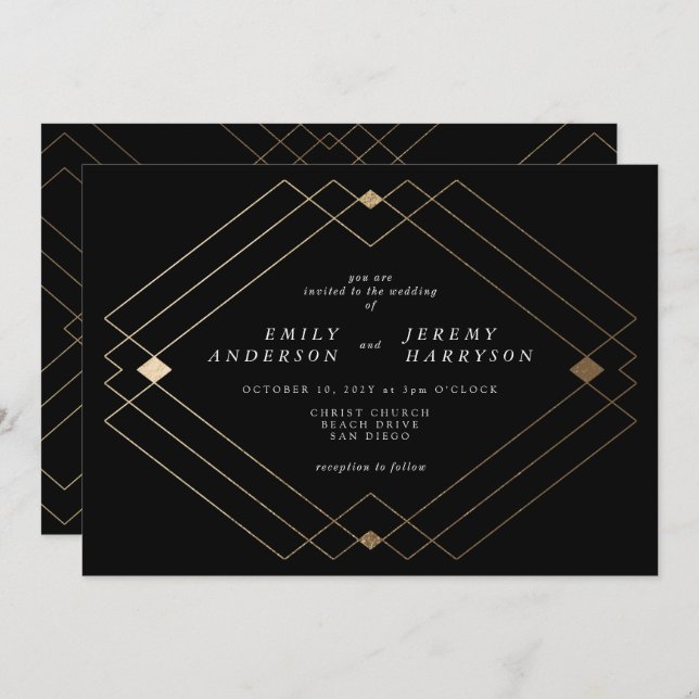 Gold Diamond Black Geometric Deco Gatsby Wedding Invitation (Front/Back)