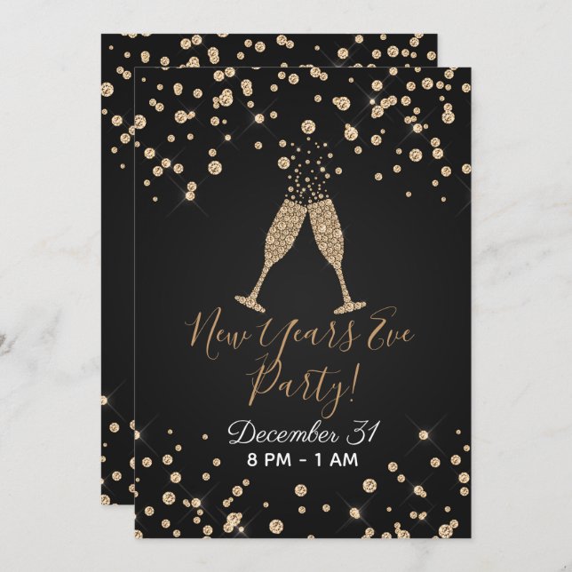 Gold Diamond Champagne Toast Modern New Years Eve Invitation (Front/Back)