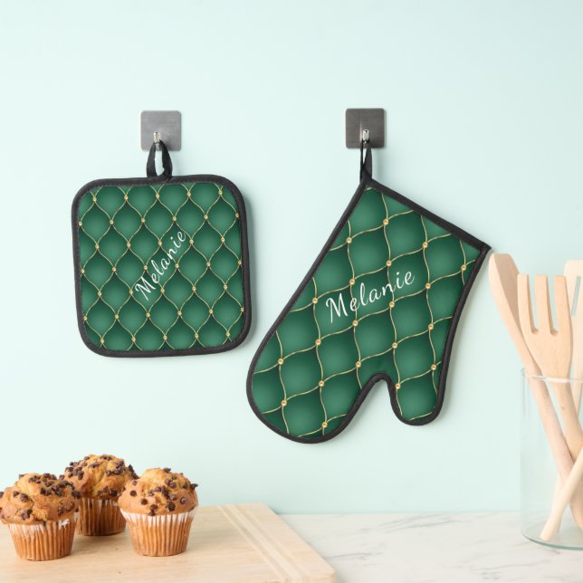 Gold Diamond Dark Emerald Green Custom Name Oven Mitt & Pot Holder Set (Insitu(Hanging))