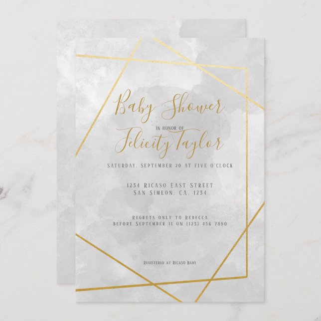 Gold Diamond Geometric Grey Watercolor Baby Shower Invitation (Front/Back)