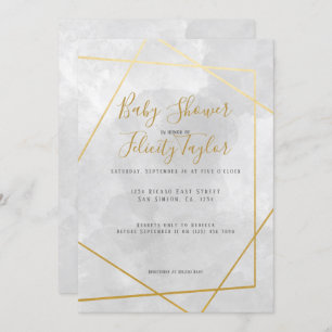 Gold Diamond Geometric Grey Watercolor Baby Shower Invitation