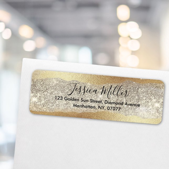 Gold Diamond Glitter Faux Foil Glam Return Address Label (In situ)