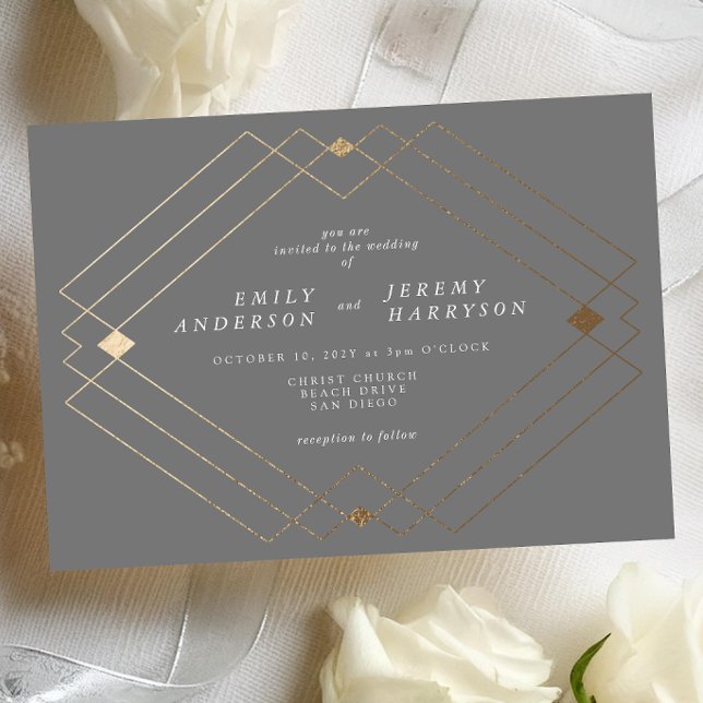 Gold Diamond Grey Geometric Deco Gatsby Wedding Invitation (Creator Uploaded)