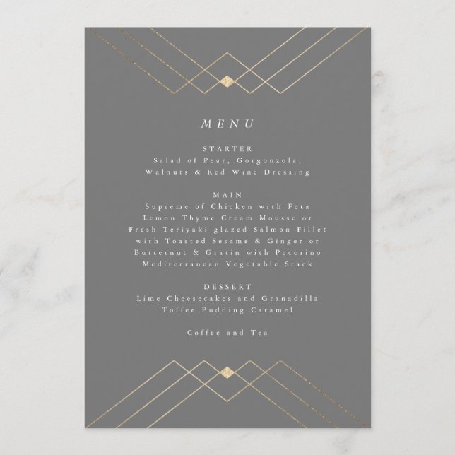 Gold Diamond Grey Geometric Deco Gatsby Wedding Menu (Front)