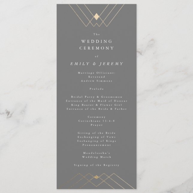 Gold Diamond Grey Geometric Deco Gatsby Wedding Program (Front)