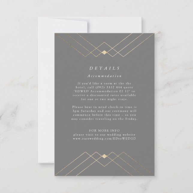 Gold Diamond Grey Geometric Deco Gatsby Wedding RSVP Card (Front)