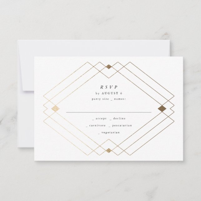 Gold Diamond Grey Geometric Deco Gatsby Wedding RSVP Card (Front)