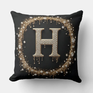 Gold Diamond H Letter Monogram Cushion