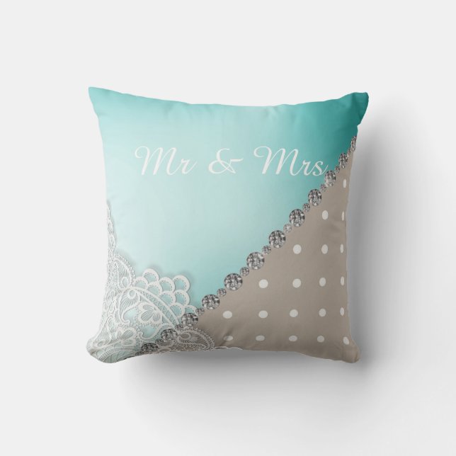 GOLD DIAMOND HEART  CUSHION WEDDING Aqua (Front)