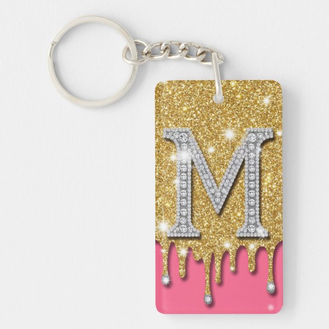Gold Diamond Initial M Pink Background Gift Idea Key Ring (Front)