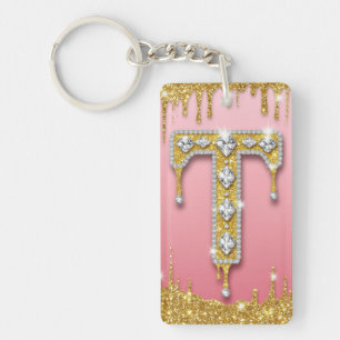 Gold Diamond Monogram Letter T Pink Gift Idea Key Ring