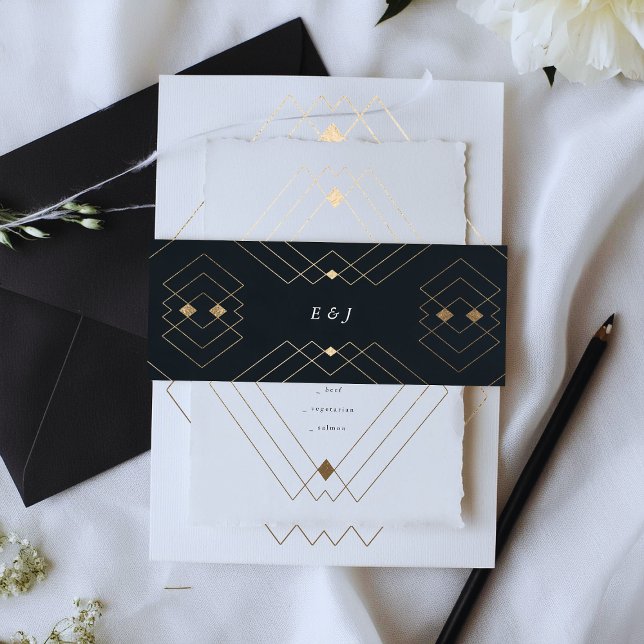 Gold Diamond Navy Geometric Deco Gatsby Wedding Invitation Belly Band (Creator Uploaded)