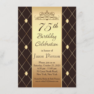 Gold diamond pattern on brown 75th Birthday Party Invitation