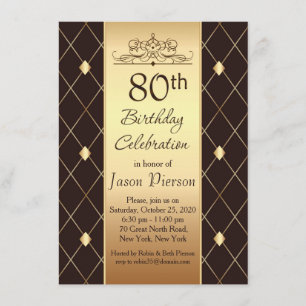Gold diamond pattern on brown 80th Birthday Party Invitation
