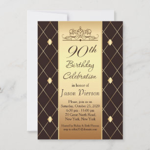 Gold diamond pattern on brown 90th Birthday Party Invitation