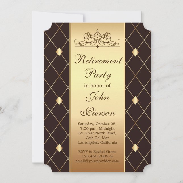 Gold diamond pattern on brown Retirement Party Invitation (Front)