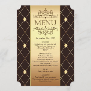 Gold diamond pattern on brown Wedding Menu Invitation