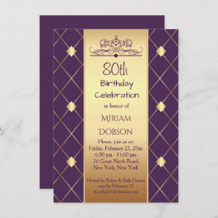 Gold diamond pattern on purple 80th Birthday Party Invitation