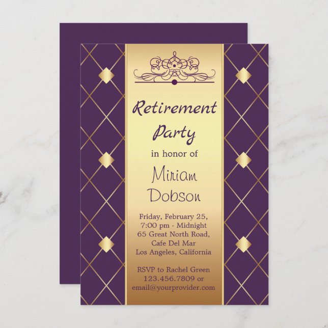 Gold diamond pattern on purple Retirement Party Invitation (Front/Back)