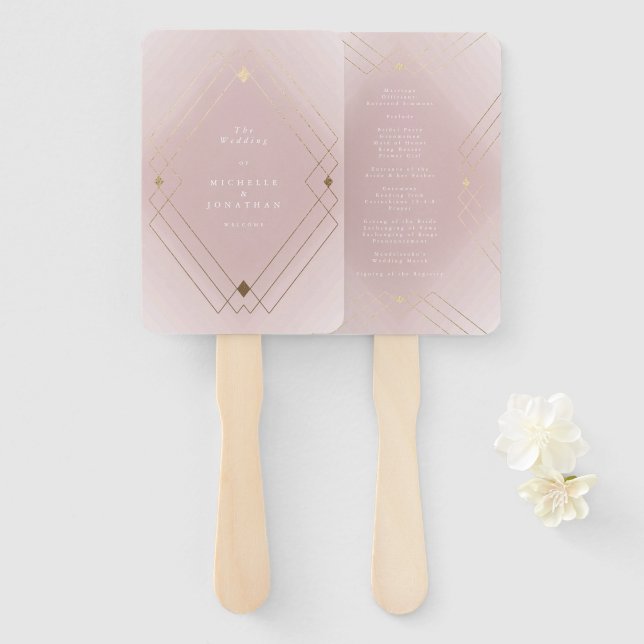 Gold Diamond Pink Geometric Deco Gatsby Wedding Hand Fan (Front and Back)